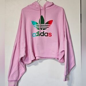 Adidas Women's Pink Oversized Cropped Hoodie Sweater - 70s Collection XL